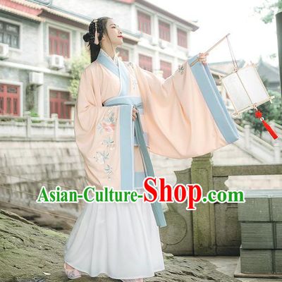 Traditional Chinese Ancient Hanfu Princess Costume Pink Curve Bottom, Asian China Han Dynasty Palace Lady Embroidered Clothing for Women