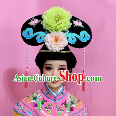 Traditional Handmade Chinese Hair Accessories Qing Dynasty Palace Lady Green Peony Headwear, Manchu Imperial Concubine Hairpins for Women