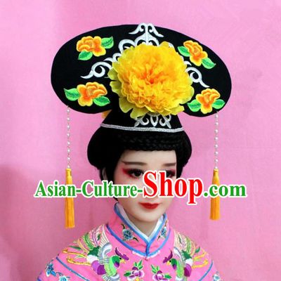 Traditional Handmade Chinese Hair Accessories Qing Dynasty Palace Lady Yellow Peony Headwear, Manchu Imperial Concubine Hairpins for Women