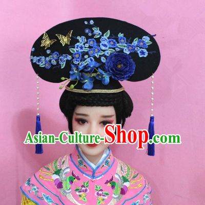 Traditional Handmade Chinese Hair Accessories Qing Dynasty Palace Lady Blue Plum Blossom Headwear, Manchu Imperial Concubine Hairpins for Women