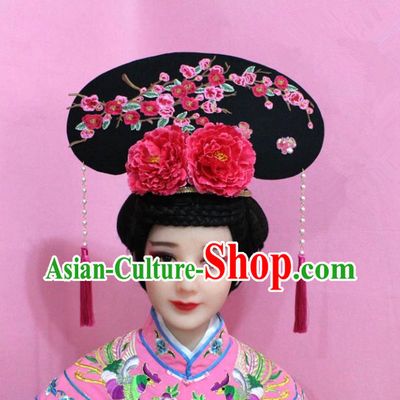 Traditional Handmade Chinese Hair Accessories Qing Dynasty Palace Lady Red Plum Blossom Headwear, Manchu Imperial Concubine Hairpins for Women