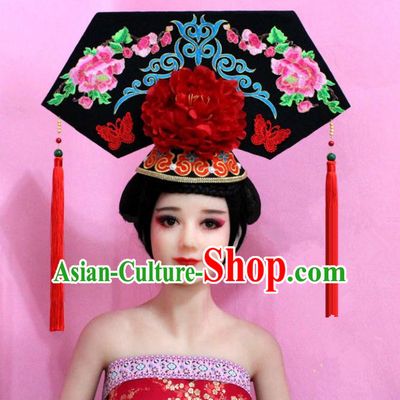 Traditional Handmade Chinese Hair Accessories Qing Dynasty Empress Banners Peony Tassel Headwear, Manchu Imperial Concubine Hairpins for Women