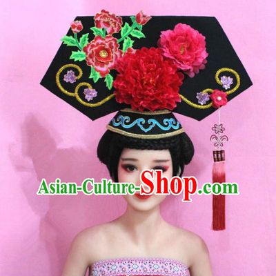 Traditional Handmade Chinese Hair Accessories Qing Dynasty Empress Banners Red Peony Headwear, Manchu Imperial Concubine Hairpins for Women