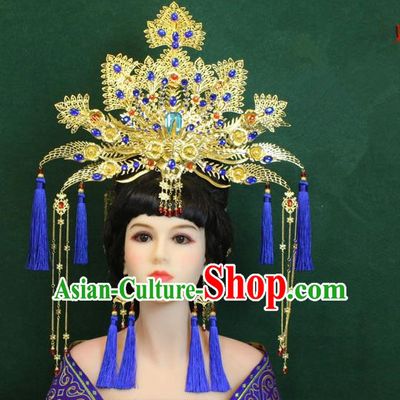 Traditional Handmade Chinese Hair Accessories Empress Blue Tassel Phoenix Coronet Complete Set, Tang Dynasty Princess Hairpins Headwear for Women