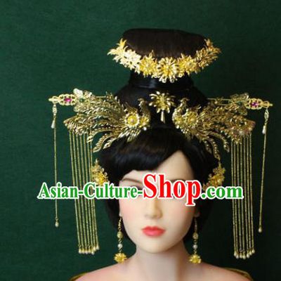 Traditional Handmade Chinese Hair Accessories Empress Wedding Tassel Phoenix Coronet Complete Set, Han Dynasty Princess Step Shake Hairpins for Women
