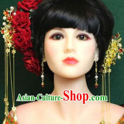 Traditional Handmade Chinese Hair Accessories Empress Red Rose Hair Stick, Tang Dynasty Princess Step Shake Hairpins for Women