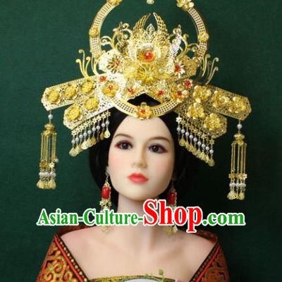 Traditional Handmade Chinese Hair Accessories Empress Tassel Phoenix Coronet Hairpins Complete Set, China Tang Dynasty Princess Headwear for Women