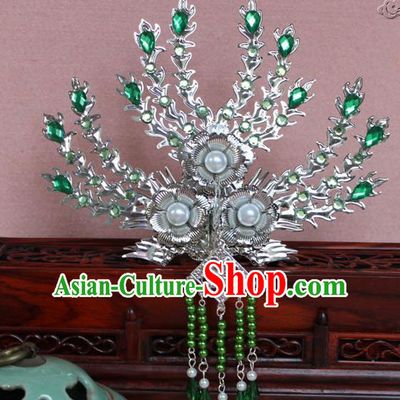 Traditional Handmade Chinese Hair Accessories Princess Green Crystal Phoenix Hairpins, Tang Dynasty Palace Lady Tassel Frontlet Step Shake for Women