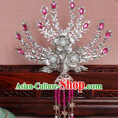 Traditional Handmade Chinese Hair Accessories Princess Rosy Crystal Phoenix Hairpins, Tang Dynasty Palace Lady Tassel Frontlet Step Shake for Women