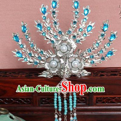Traditional Handmade Chinese Hair Accessories Princess Blue Crystal Phoenix Hairpins, Tang Dynasty Palace Lady Tassel Frontlet Step Shake for Women