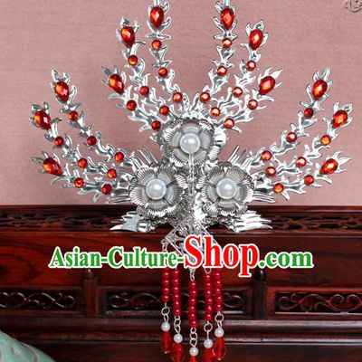Traditional Handmade Chinese Hair Accessories Princess Red Crystal Phoenix Hairpins, Tang Dynasty Palace Lady Tassel Frontlet Step Shake for Women