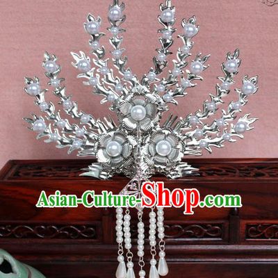 Traditional Handmade Chinese Hair Accessories Princess White Crystal Phoenix Hairpins, Tang Dynasty Palace Lady Tassel Frontlet Step Shake for Women