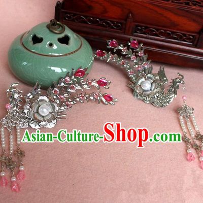 Traditional Handmade Chinese Hair Accessories Princess Pink Phoenix Hairpins, Tang Dynasty Palace Lady Tassel Step Shake for Women