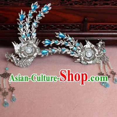 Traditional Handmade Chinese Hair Accessories Princess Blue Phoenix Hairpins, Tang Dynasty Palace Lady Tassel Step Shake for Women