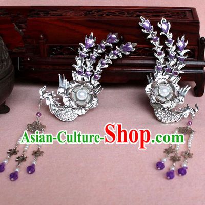 Traditional Handmade Chinese Hair Accessories Princess Purple Phoenix Hairpins, Tang Dynasty Palace Lady Tassel Step Shake for Women