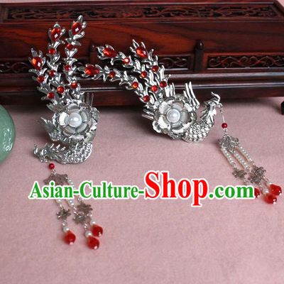 Traditional Handmade Chinese Hair Accessories Princess Red Phoenix Hairpins, Tang Dynasty Palace Lady Tassel Step Shake for Women