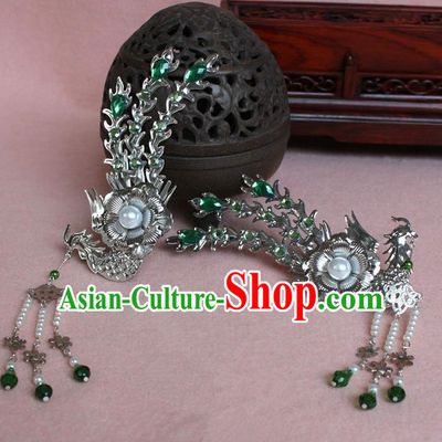 Traditional Handmade Chinese Hair Accessories Princess Green Phoenix Hairpins, Tang Dynasty Palace Lady Tassel Step Shake for Women
