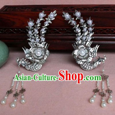 Traditional Handmade Chinese Hair Accessories Princess White Phoenix Hairpins, Tang Dynasty Palace Lady Tassel Step Shake for Women