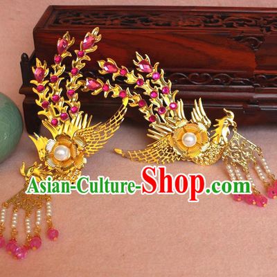 Traditional Handmade Chinese Hair Accessories Princess Golden Phoenix Hairpins, Ming Dynasty Palace Lady Pink Tassel Step Shake Frontlet for Women