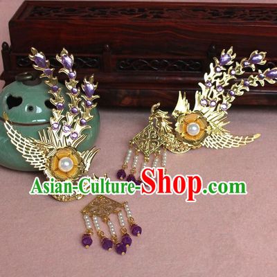 Traditional Handmade Chinese Hair Accessories Princess Golden Phoenix Hairpins, Ming Dynasty Palace Lady Purple Tassel Step Shake Frontlet for Women