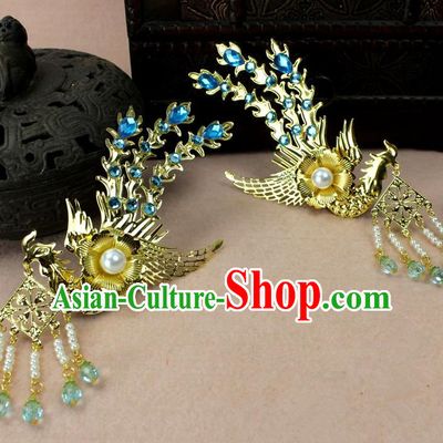 Traditional Handmade Chinese Hair Accessories Princess Golden Phoenix Hairpins, Ming Dynasty Palace Lady Blue Tassel Step Shake Frontlet for Women