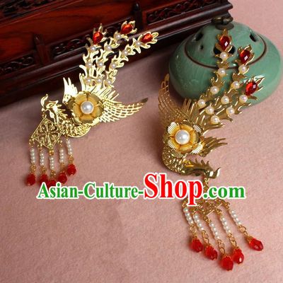 Traditional Handmade Chinese Hair Accessories Princess Golden Phoenix Hairpins, Ming Dynasty Palace Lady Red Tassel Step Shake Frontlet for Women