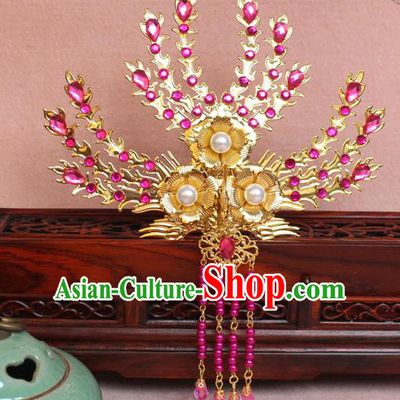 Traditional Handmade Chinese Hair Accessories Princess Golden Phoenix Frontlet Hairpins, Ming Dynasty Palace Lady Rosy Tassel Step Shake for Women