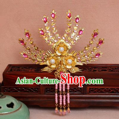 Traditional Handmade Chinese Hair Accessories Princess Golden Phoenix Frontlet Hairpins, Ming Dynasty Palace Lady Pink Tassel Step Shake for Women