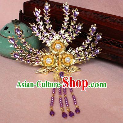 Traditional Handmade Chinese Hair Accessories Princess Golden Phoenix Frontlet Hairpins, Ming Dynasty Palace Lady Purple Tassel Step Shake for Women