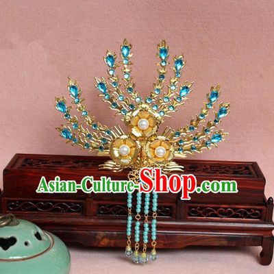 Traditional Handmade Chinese Hair Accessories Princess Golden Phoenix Frontlet Hairpins, Ming Dynasty Palace Lady Blue Tassel Step Shake for Women
