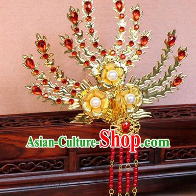 Traditional Handmade Chinese Hair Accessories Princess Golden Phoenix Frontlet Hairpins, Ming Dynasty Palace Lady Red Tassel Step Shake for Women