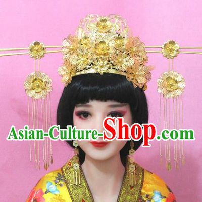 Traditional Handmade Chinese Hair Accessories Empress Golden Phoenix Coronet Complete Set, China Imperial Queen Tassel Step Shake Hairpins for Women