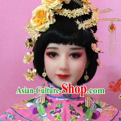 Traditional Handmade Chinese Hair Accessories Palace Lady Empress Flowers Hairpin Complete Set, Xiuhe Suit Tassel Step Shake Hairpins for Women