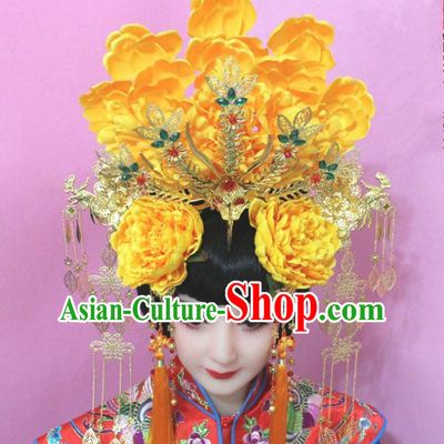 Traditional Handmade Chinese Hair Accessories Tang Dynasty Empress Yellow Peony Phoenix Coronet Tassel Step Shake Hairpins for Women