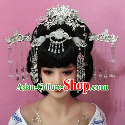 Traditional Handmade Chinese Hair Accessories Palace Lady Empress Phoenix Coronet, Xiuhe Suit Tassel Step Shake Hairpins Complete Set for Women