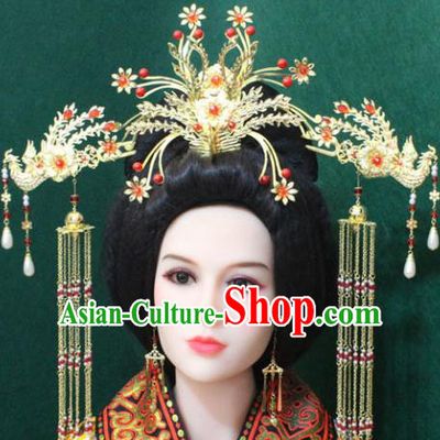 Traditional Handmade Chinese Hair Accessories Phoenix Coronet Complete Set, China Han Dynasty Phoenix Tassel Hairpins for Women