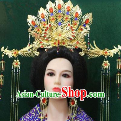 Traditional Handmade Chinese Hair Accessories Big Phoenix Coronet Complete Set, China Tang Dynasty Phoenix Tassel Hairpins for Women