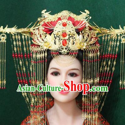 Traditional Handmade Chinese Hair Accessories Empress Wedding Phoenix Coronet, China Han Dynasty Bride Tassel Hairpins for Women