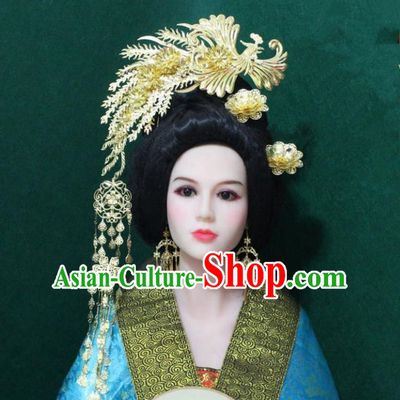 Traditional Handmade Chinese Hair Accessories Empress Golden Phoenix Coronet, China Han Dynasty Queen Tassel Hairpins for Women