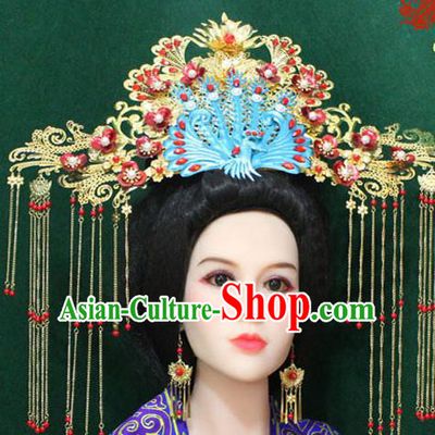 Traditional Handmade Chinese Hair Accessories Tang Dynasty Empress Phoenix Coronet, China Ancient Tassel Hairpins Complete Set for Women