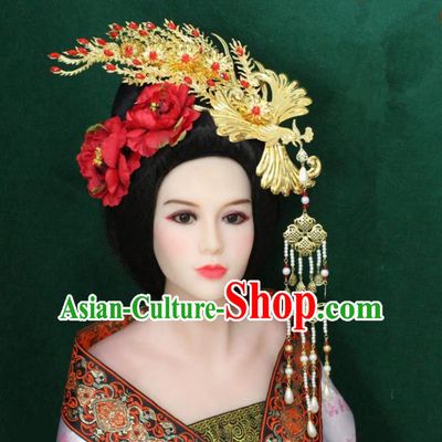 Traditional Handmade Chinese Hair Accessories Tang Dynasty Empress Phoenix Coronet, China Ancient Tassel Peony Hairpins Complete Set for Women