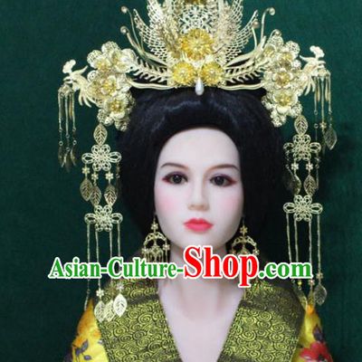 Traditional Handmade Chinese Hair Accessories Tang Dynasty Empress Golden Tassel Phoenix Coronet Headwear Complete Set for Women