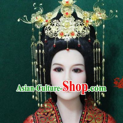Traditional Handmade Chinese Hair Accessories Tang Dynasty Empress Tassel Phoenix Coronet Xiuhe Suit Hairpins Headwear Complete Set for Women