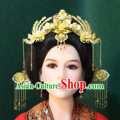 Traditional Handmade Chinese Hair Accessories Tang Dynasty Butterfly Phoenix Coronet, Royal Princess Tassel Hairpins Complete Set for Women
