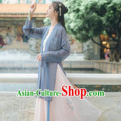 Traditional Chinese Ancient Hanfu Young Lady Costume, Asian China Song Dynasty Princess Embroidery Blouse and Pants Complete Set