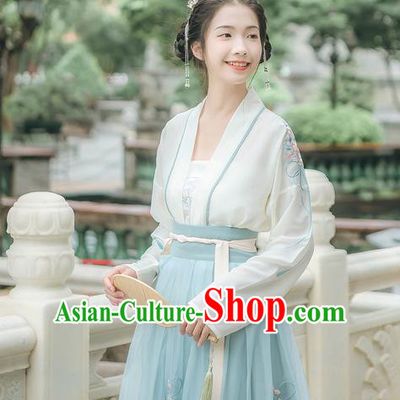 Traditional Chinese Ancient Hanfu Young Lady Costume, Asian China Tang Dynasty Princess Embroidery Blouse and Slip Skirts Complete Set