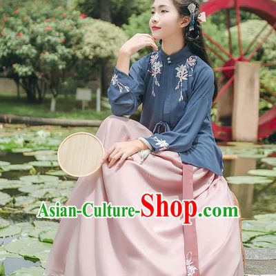 Asian Chinese Ancient Hanfu Palace Lady Costume, Traditional China Ming Dynasty Princess Embroidery Dress Clothing Complete Set