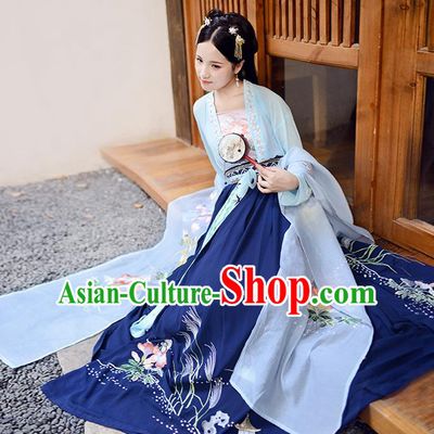 Asian China Ancient Tang Dynasty Hanfu Costume, Traditional Chinese Princess Embroidered Blue Blouse and Skirts for Women