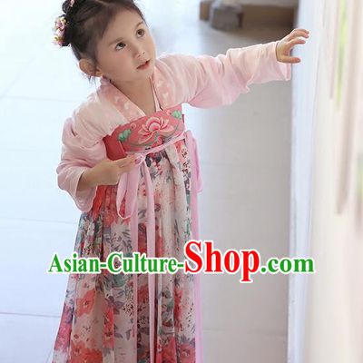 Asian China Ancient Tang Dynasty Children Costume Complete Set, Traditional Chinese Princess Dress Clothing for Kids