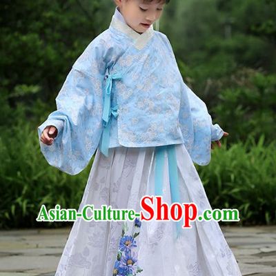 Asian China Ancient Ming Dynasty Children Costume Complete Set, Traditional Chinese Princess Embroidered Blouse and Skirts for Kids